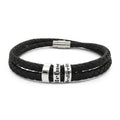 Engraved Braided Leather Bracelet with Stainless Steel Beads