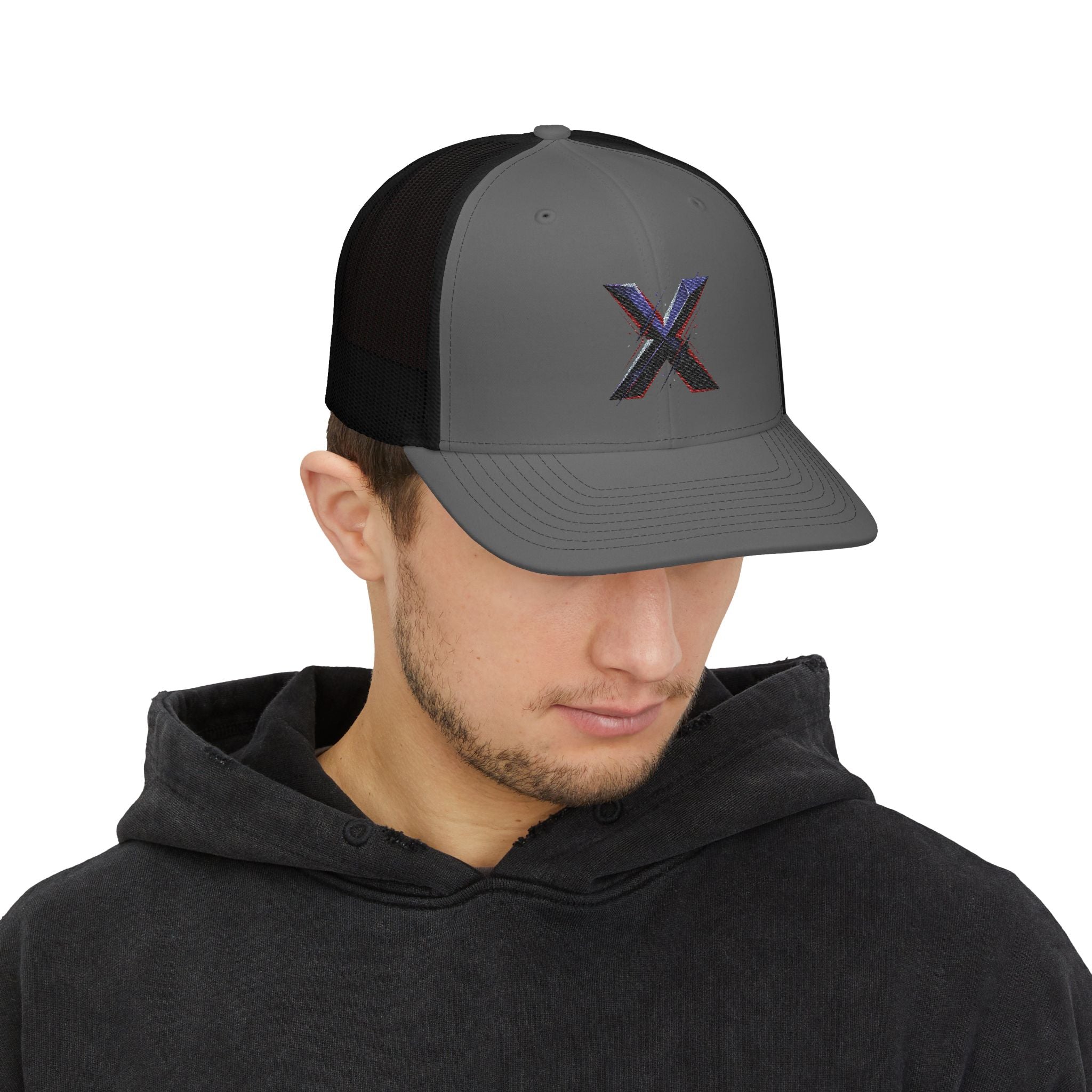 Trucker Cap — Distressed Metallic 'X' Snapback
